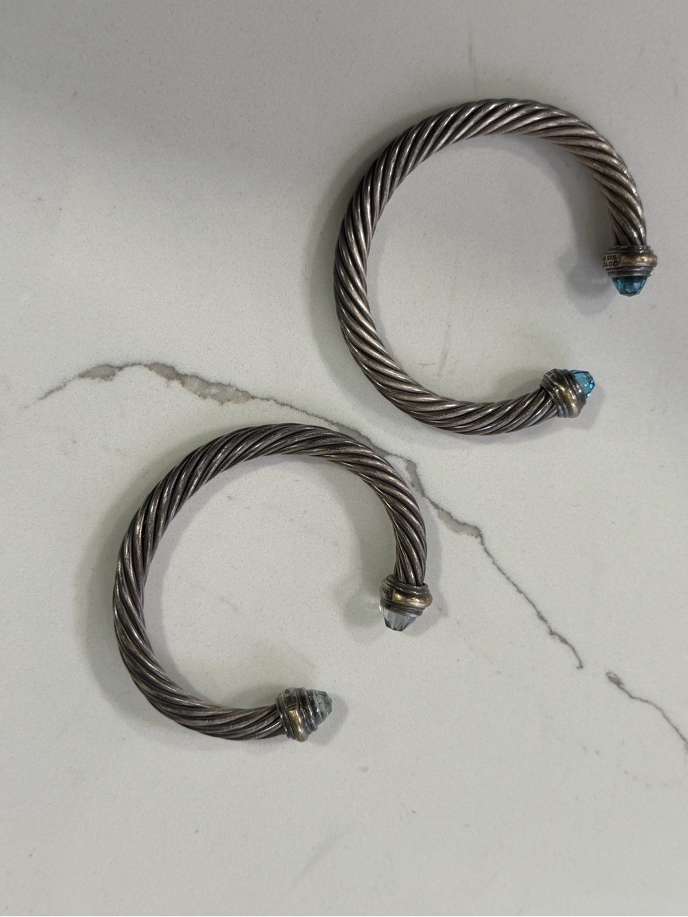 David Yurman Silver-Tone Cable Cuff Bracelets with Blue Stone Tips